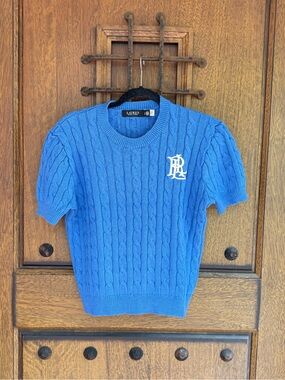 Lauren Ralph Lauren Royal Blue Short-Sleeve Cable-Knit Crewneck Sweater Size L